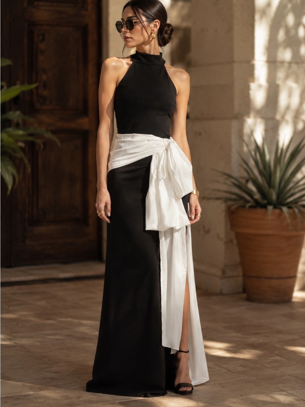 Chiara Boni Sarity Bow Sleeveless Gown Dress Maxi Black White 42 / US 6